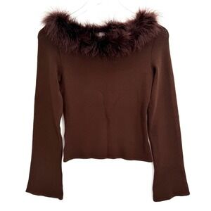 Y2K XOXO Feather Trim Neckline Top Size M Bell Sleeve Brown Knit Glam Chic
